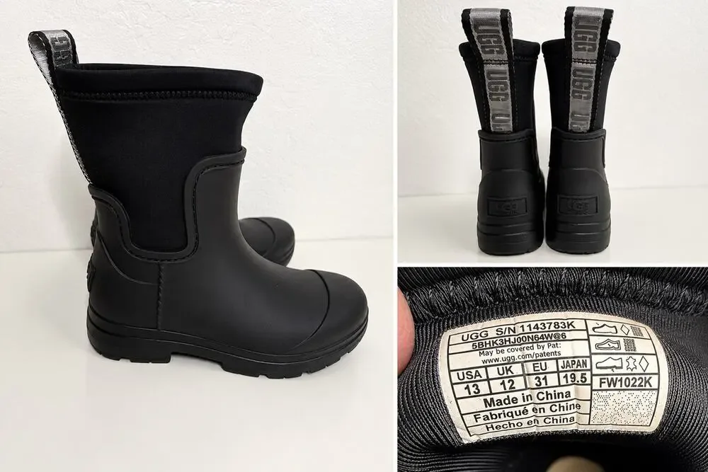 UGG Kids Droplet Mid Rain Boots Black Waterproof Pull-On Size 13 New NWOB